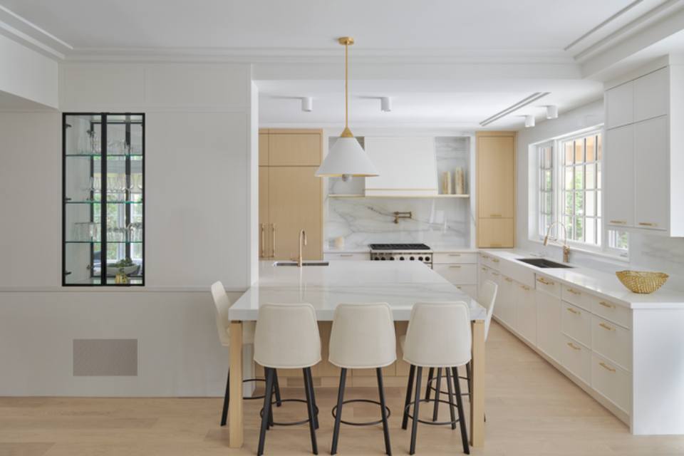 white and wood kitchen minimalistic design with marble countertops